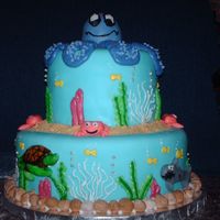 Ocean Cake We had a small accident with the shark's teeth. He wasn't completely dry yet when we tried to put him on the cake. Shark, crabs,...