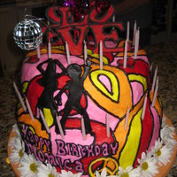 Disco 70's Cake Red/pink/yellow All buttercream icing, hard royal icing lettering, fondant dancer silouettes