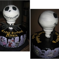Nightmare Before Christmas Red velvet cake inside (head also), black tinted bittersweet choc (corn syrup recipe), Neck is a white ceramic candle holder that I placed...