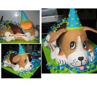 Dog Cake Beagle All buttercream decor except royal icing bone. Cocoa puffs cereal for "kibble". Ice cream cone hat.All edible except ears (...