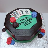 Poker Cake This was made from a 10" square pan with the corners cut. Cake is covred in bc, with green gumpaste for the center of the table. Cards...