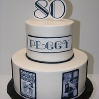Art Deco Cake Buttercream cake with edible images. Bottom is 10" round and top tier is 6" round. "80" is on gumpaste, and "Peggy...