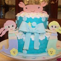 Coco & Mer's Mermaid Cake This is a fondant covered cake w/gumpaste mermaids,crab,and bow made for my munchkins...The inside was vanilla w/lemon filling- everyone...