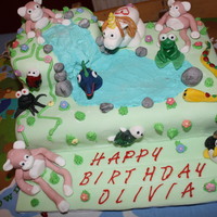 Jungle Waterfall Cake A jungle cake for my daughter, added a few animals made from sugar paste including a unicorn (all the kids fav) and a penguin!