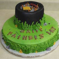 Fathers-Day Bar-B-Que Bottom round is 16", bc frosting, MMF extras, grill is spaghetti. Special thanks to "klsunny" for ideas on the wooden...