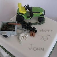 70Th Birthday - Farm Life, Male Chocolate Mud Cake for my Neighbours 70th b'day. Ride-On, Trailer, cat, boots, pots and rope trim all made out of fondant strengthened...
