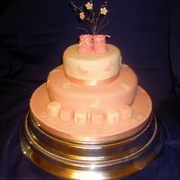 Girls Christening Cake 2 Tier Cake in covreed in pink and white sugarpaste. Decorated with sugarpaste butterflies, and flowerpaste flowers and booties.