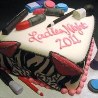 Ladies Night !! 8" square cake covered in fondant - with edible image zebra print around sides. makeup and accessories made with fondant.