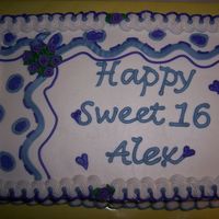 Sweet 16 1/4 sheet cake for a sweet 16 party. All buttercream, tried to do the "Cakery" style, which I love. Gumpaste ribbon rose accents...