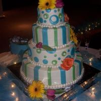 Tropical Wedding Cake WASC with strawberry mousse filling and buttercream icing, with fondant decorations.