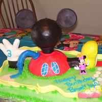 Mickey Mouse Playhouse Hand and foot made from rice krispy treats covered in white chocolate and covered in MMF. Half ball pan used for body and sports ball pan...