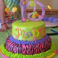 Peace Sign, Zebra Striped Cake Bottom Zebra tier is 2 layer Tye Dyed Cake with strawberry filling, covered in white Chocolate and homemade Marshmallow fondant. top tier...