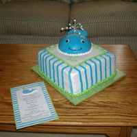 Whale Cake This cake was for a friend's baby shower. Basic chocolate cake, with bc icing, the whale is covered in fondant. Thanks for looking!