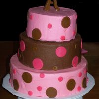 Pink And Brown Polka Dot All buttercream except dots, they are MMF and "A" is MMF. First cake I have really decorated with fondant.