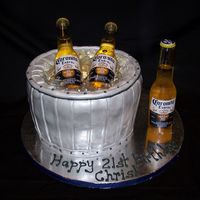 Beer Bucket Cake Thanks to DianeLM for all her help on this one. Chocolate cake, fondant painted with luster dust. Knox gelatin ice and real beer bottles....