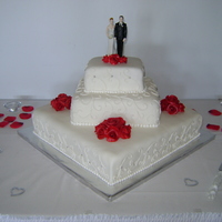 Square Wedding Cake White fondant and red gumpaste roses