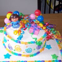 Dora This was my first paid cake. All white cake with B/C icing.