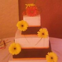 Square Cake white, brown and orange decorated cake; flavors are almond, triple choc., and orange. The couple was so pleasant.