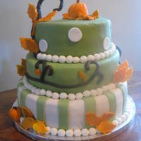 Fall/halloween Themed Cake This was my first three tiered cake. All fondant accents. Pumpkins made of RKT covered in fondant. Yellow cake with chocolate pudding. I...