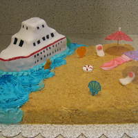 Cruise Ship/beach Theme This was fun to make! Ship is RKT with mmf, sand is crushed grahm crackers and the rest is buttercream. Two layer cake with chocolate...