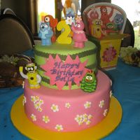 Yo Gabba Gabba Fondant with gumpaste stars and number, plastic figurines. I wish I got a better picture of this cake!