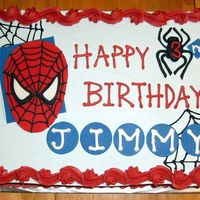 Spiderman 2-layer 12x18 cake, iced in BC with fondant decs. Writing and spider webs in BC, fondant impressions made with fiskars templates.