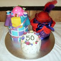 Mom's 50Th 3 cakes for mom's 50th party: sewing, red hat society, flowers. All wasc with buttercream covered in fondant with gumpaste decs. TFL...