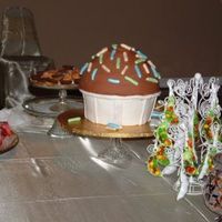 Giant Cupcake! Giant freehand cupcake. Chocolate cake with milk chocolate filling and white chocolate icing. Fondant wrapper and sprinkles.