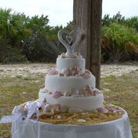 Seaside Wedding Fondant Rope border, and chocolate shells painted with orchid pink luster dust to match the color scheme.