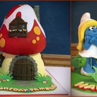Smurfs!! This cake was SO much fun to do and I'm really happy with the result. The top of the mushroom is cake but the bottom is a bowl...I&#...