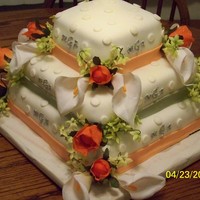 Peach And Sage Green Wedding Cake Peach and sage green fondant ribbon, with royal icing monagram and fondant dots. Cake is white cake with raspberry filling and white...