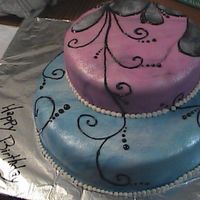 Birthday For Mom! this is a neat pink and blue fondant cake we did. also there is some black writing gel to make the swirlys. enjoy!