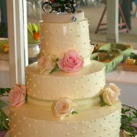 Claire And Christopher's Wedding Cake This cake is a lemon raspberry with lemon meringue buttercream. Decroations are buttercream dots, ribbon and fresh roses. This cake has 3...