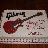 Gibson Les Paul Guitar For a 16 yr. old aspiring guitar player. According to him mom, he is pretty picky about the pic used on the cake, so I hope I got it right...