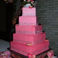 Varigated Pink 5-tier pink varigated square cake. Now I have to figure out what to do with all the left over pink icing!! LOL