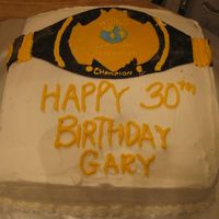 Wwe Birthday Cake Birthday Cake for my husband's best friend. They are both obsessed with the WWE, so I made a World Title Belt. The cake is 1/2 yellow...