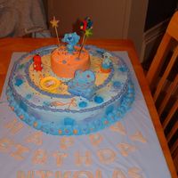 Blue's Clue's 1St Birthday Cake This is a two tier Blues CLuse Birthday cake. The bottom is a 16' round pan and top is 4". Letters are Fondant.