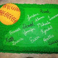 Softball Team Party Cake This was for a the daughter of a friend. It is a full sheet cake with half a ball cake on top. It is covered with buttercream icing.
