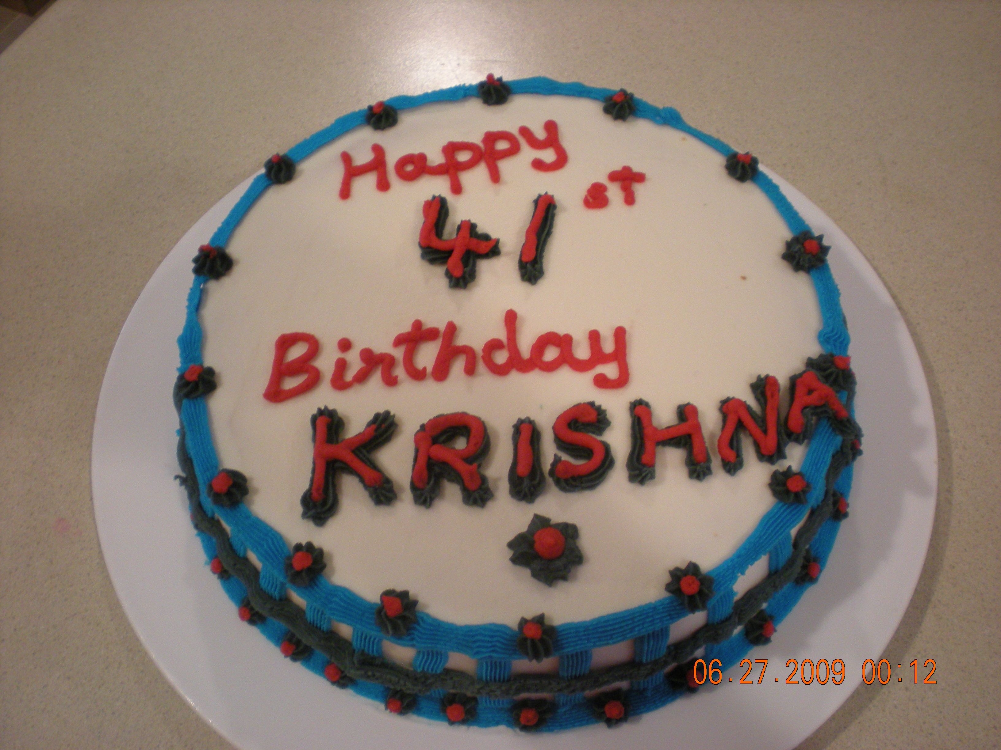 41St B'day Cake Yellow cake with chocolate filling and iced in buttercream