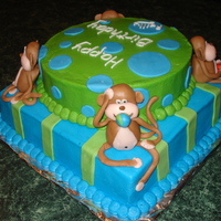 Monkeys The birthday girl asked for a blue & green cakes with monkeys and stripes. Each monkey represents something about her interests.