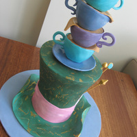 The Mad Hatter's Tea Party The hat is 1x7", 2x6", 1x5" chocolate cakes, filled with chocolate ganache, stacked, carved to shape, covered in ganache...