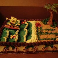 Sponge Bob- Surf Bob Square Pants This is a mostly butter cream creation, I used grham cracker crumbs for the beach and I made the palm trees out of color flow , I made 7...