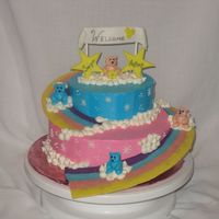 Saryna.jpg My neighbour and I had our babies a week apart ( I had a girl and she had a boy) and I made this cake as a welcome home for both babies.