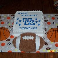 Sports-Birthday The cakes are all white/almond except the football. It is chocolate with chocolate BC icing.