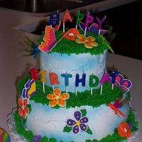 2 Tiered Birthday Cake!! This is a two tiered white/almond cake with buttercream icing. I used the spray mist to make it look "cloudy" and everything is...