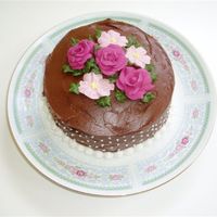 Pink Flowers A small (6 inch) cake that I wanted to coordinate with the plate, but using chocolate icing. Royal icing flowers.