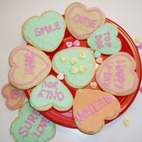 Heart Cookies Conversation heart cookies for Valentine's Day. My three year old son did the cookie in the middle - picking out only the yellow...