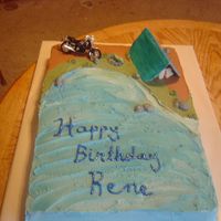 Camping Cake This cake was created for an 80th birthday. His interests were camping,Motorcycling, and Fishing. I thought I'd incorporate them all...