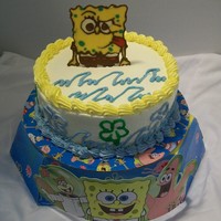 Sponge Bob Sponge Bob cake for the fundraiser. White Chocolate buttercream on blueberry cake. Liquid Chocolate transfer of Sponge Bob.