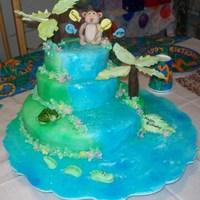 Birthday Island Chocolate and vailla cakes cover in MMF. The figures are all fondant, the palm tree is made out of modeling chocolate. The crocadile was...